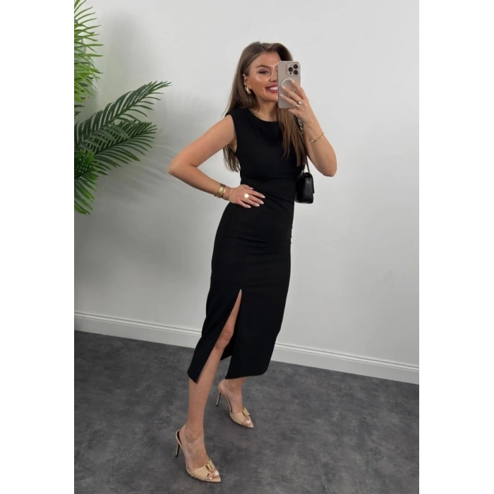 Kadın Askılı Kolsuz Belden Büzgülü Yırtmaçlı Midi Janjan Krep Elbise