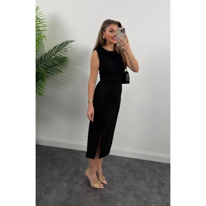 Kadın Askılı Kolsuz Belden Büzgülü Yırtmaçlı Midi Janjan Krep Elbise