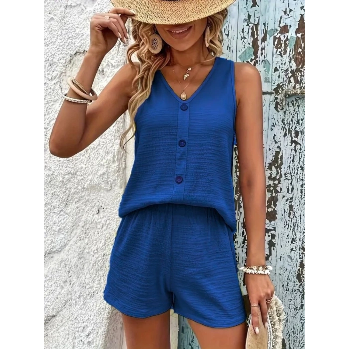 Kadın Askılı Kolsuz V Yakalı önden Düğmeli Bürümcük Bluz Ve Short Ikili Takım