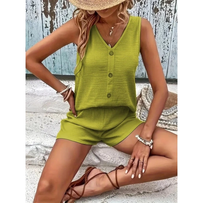 Kadın Askılı Kolsuz V Yakalı önden Düğmeli Bürümcük Bluz Ve Short Ikili Takım