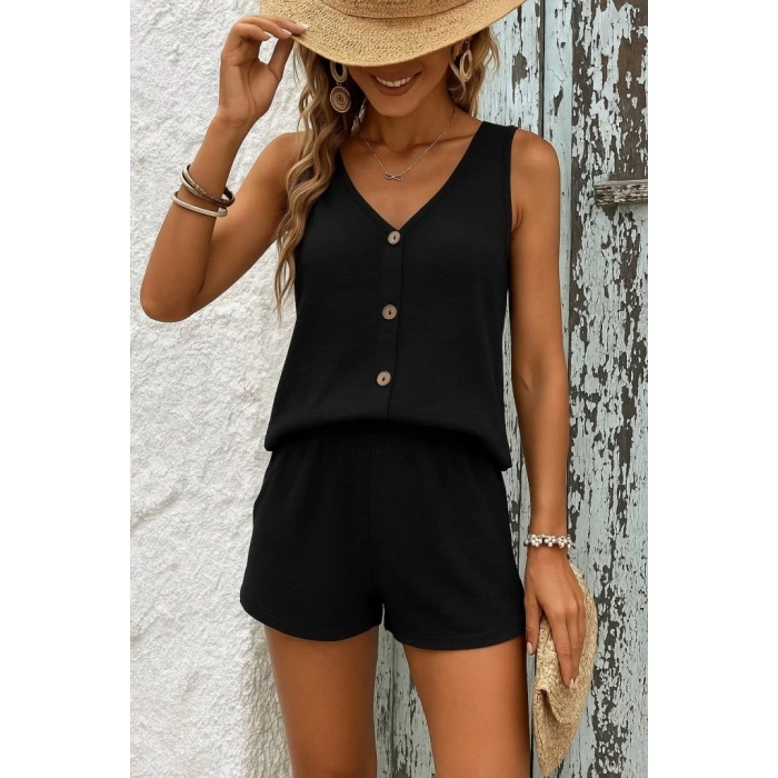 Kadın Askılı Kolsuz V Yakalı önden Düğmeli Bürümcük Bluz Ve Short Ikili Takım