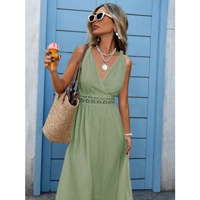 Kadın Askılı Kruvaze Yakalı Belden Dantelli Uzun Bürümcük Elbise