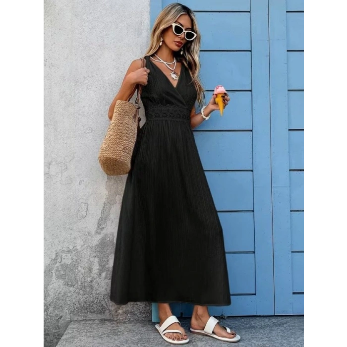 Kadın Askılı Kruvaze Yakalı Belden Dantelli Uzun Bürümcük Elbise