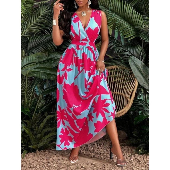 Kadın Askılı Kruvaze Yakalı çiçek Desenli Uzun Süprem Elbise