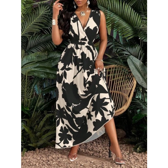 Kadın Askılı Kruvaze Yakalı çiçek Desenli Uzun Süprem Elbise