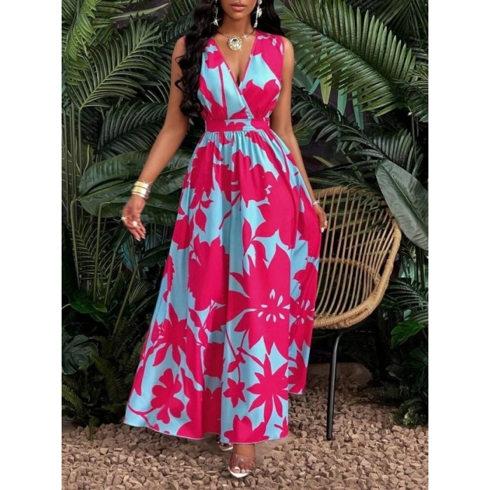 Kadın Askılı Kruvaze Yakalı çiçek Desenli Uzun Süprem Elbise