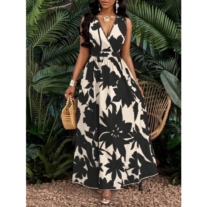 Kadın Askılı Kruvaze Yakalı çiçek Desenli Uzun Süprem Elbise