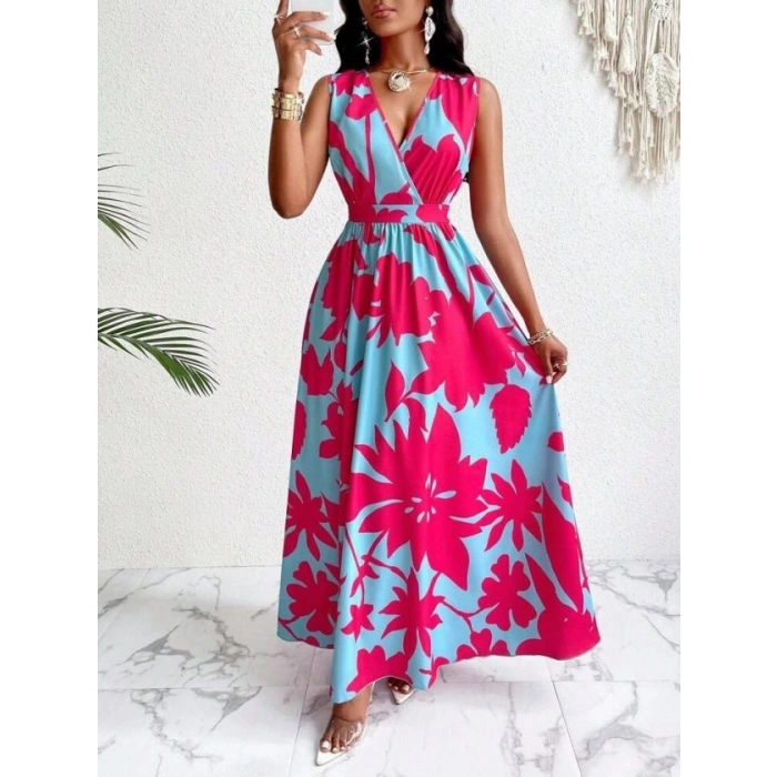 Kadın Askılı Kruvaze Yakalı çiçek Desenli Uzun Süprem Elbise