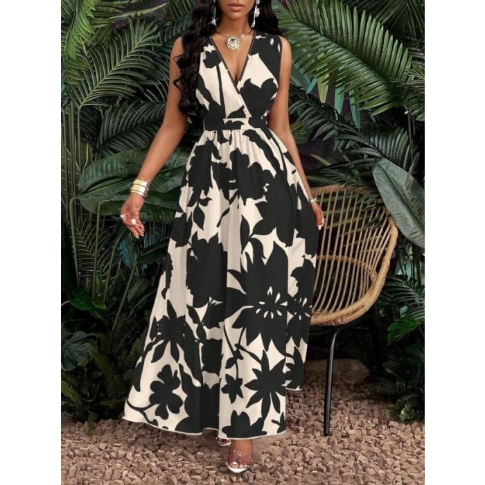 Kadın Askılı Kruvaze Yakalı çiçek Desenli Uzun Süprem Elbise