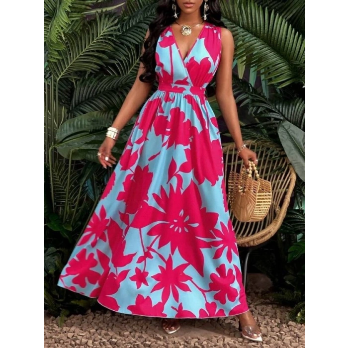 Kadın Askılı Kruvaze Yakalı çiçek Desenli Uzun Süprem Elbise