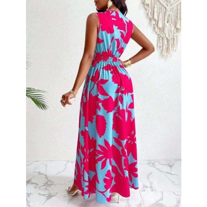 Kadın Askılı Kruvaze Yakalı çiçek Desenli Uzun Süprem Elbise