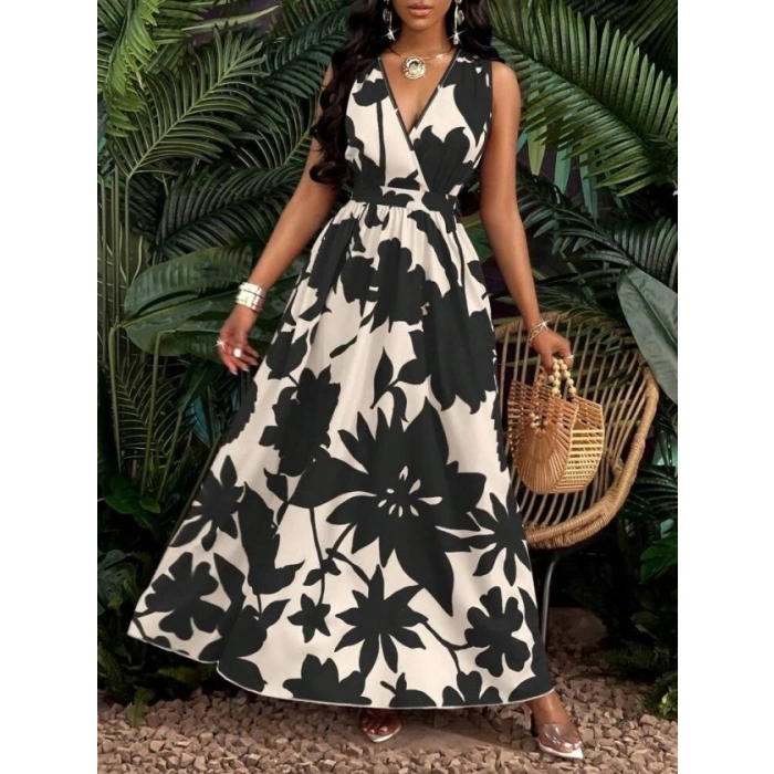 Kadın Askılı Kruvaze Yakalı çiçek Desenli Uzun Süprem Elbise