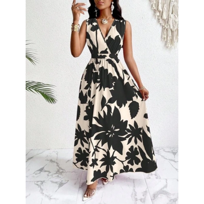 Kadın Askılı Kruvaze Yakalı çiçek Desenli Uzun Süprem Elbise