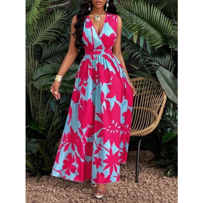 Kadın Askılı Kruvaze Yakalı çiçek Desenli Uzun Süprem Elbise