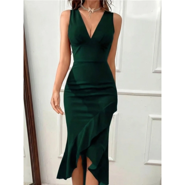 Kadın Askılı V Yakalı önden Fırfırlı Uzun Ithal Krep Elbise