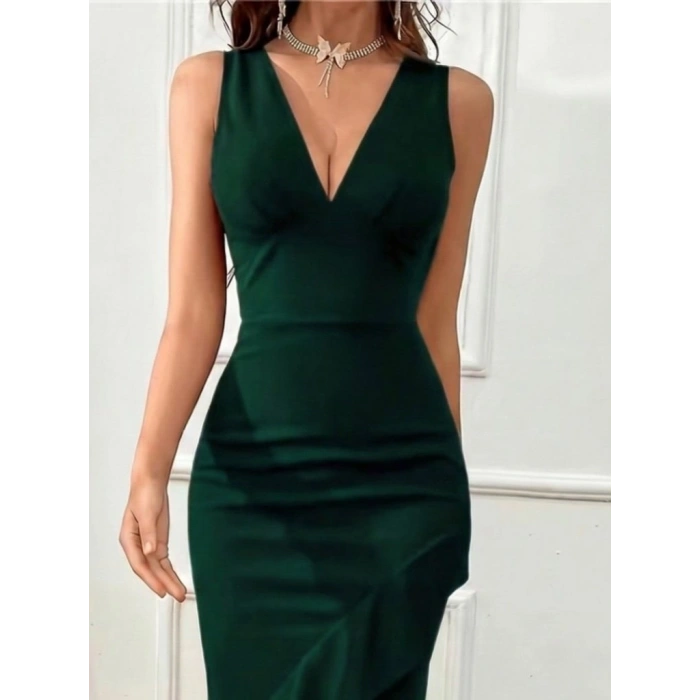 Kadın Askılı V Yakalı önden Fırfırlı Uzun Ithal Krep Elbise