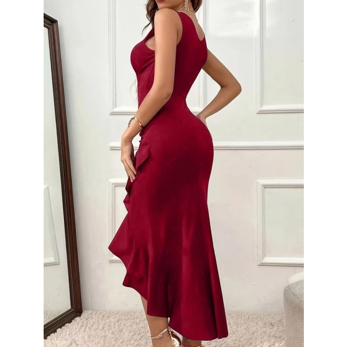 Kadın Askılı V Yakalı önden Fırfırlı Uzun Ithal Krep Elbise