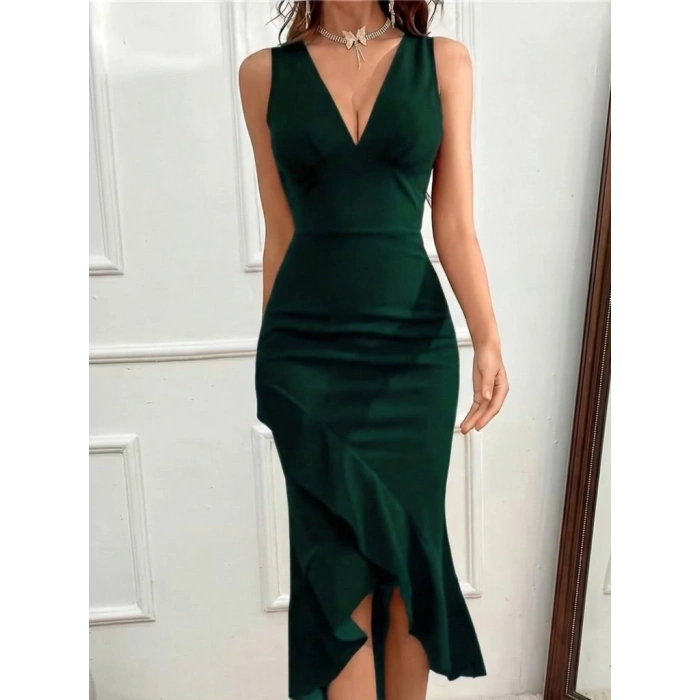 Kadın Askılı V Yakalı önden Fırfırlı Uzun Ithal Krep Elbise