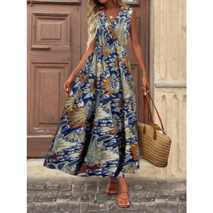 Kadın Askılı Kruvaze Yakalı Uzun Desenli Kemersiz Süprem Elbise