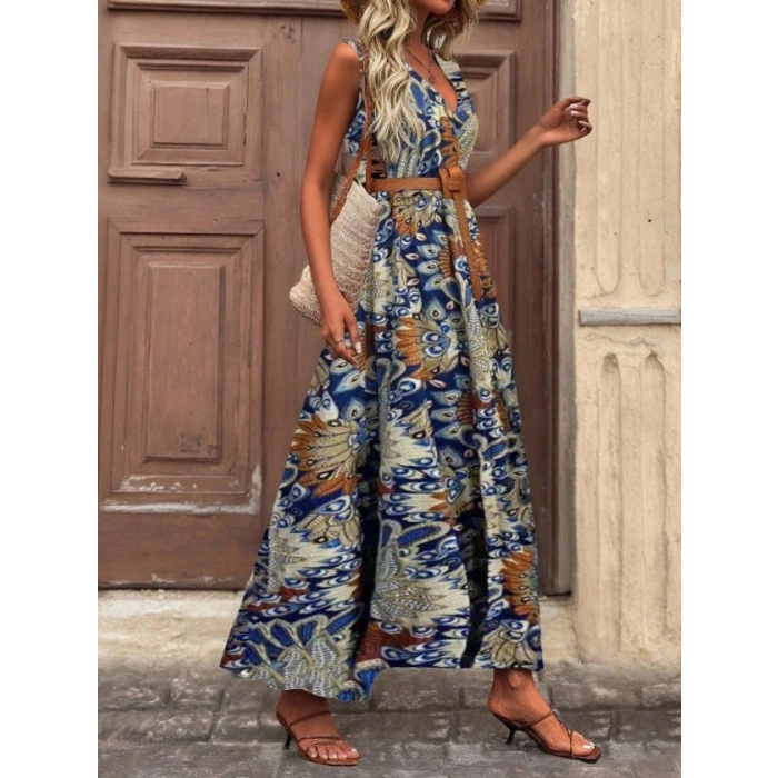 Kadın Askılı Kruvaze Yakalı Uzun Desenli Kemersiz Süprem Elbise