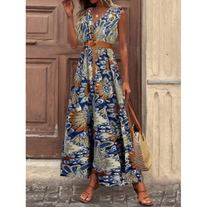 Kadın Askılı Kruvaze Yakalı Uzun Desenli Kemersiz Süprem Elbise