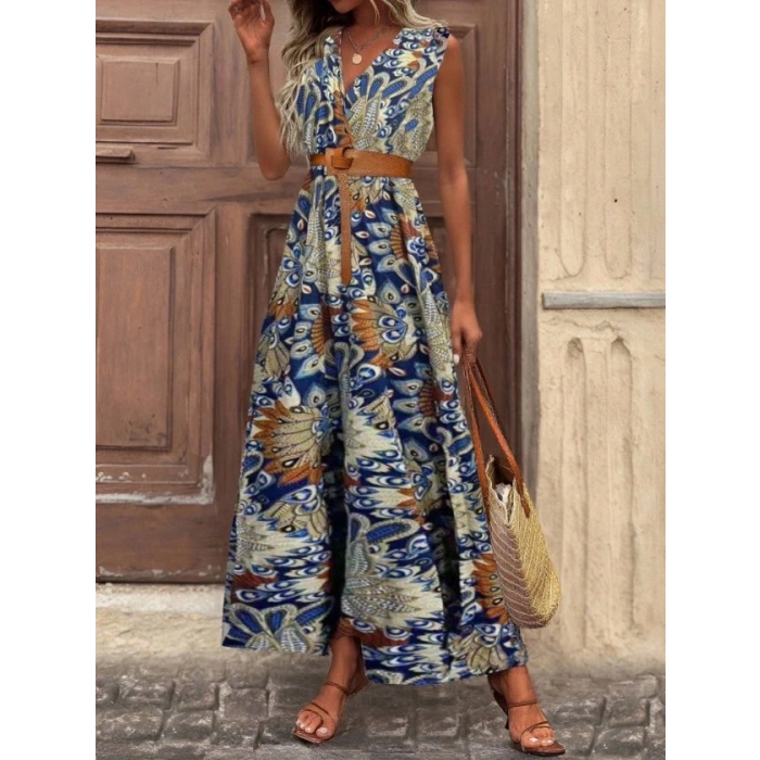 Kadın Askılı Kruvaze Yakalı Uzun Desenli Kemersiz Süprem Elbise