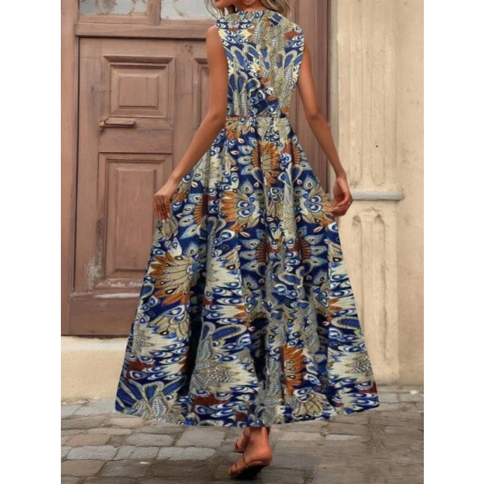 Kadın Askılı Kruvaze Yakalı Uzun Desenli Kemersiz Süprem Elbise