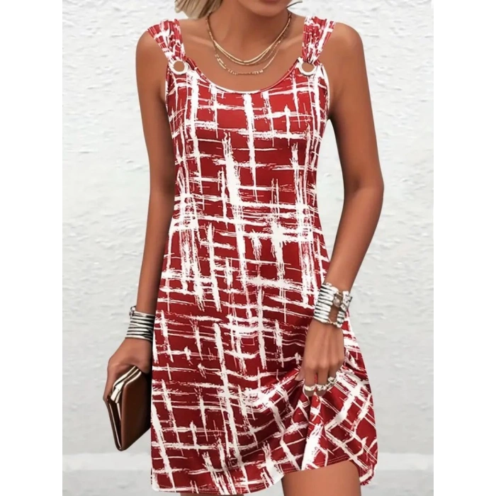 Kadın Askılı Kuş Gözü Detaylı Desenli Süprem Elbise