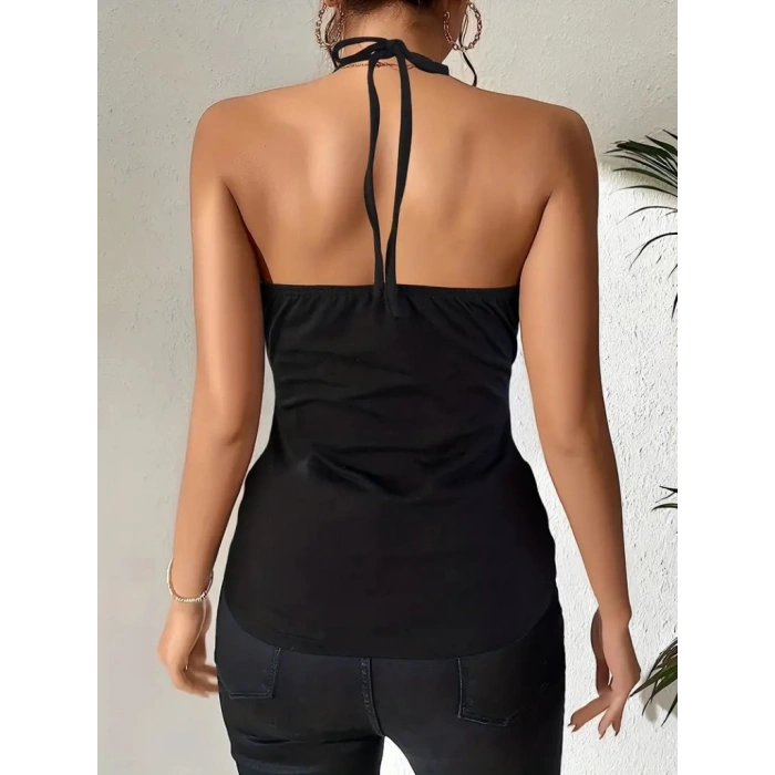 Kadın Askılı Kuş Gözü Ve Dekolte Detay Boyundan Bağlamalı Viskon Bluz