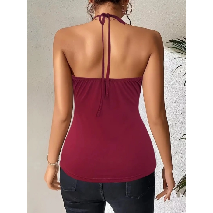 Kadın Askılı Kuş Gözü Ve Dekolte Detay Boyundan Bağlamalı Viskon Bluz