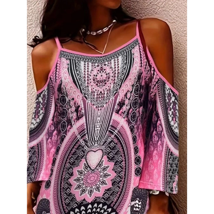 Kadın Askılı Omuzlardan Açık Truvakar Kol Desenli Kısa Süprem Elbise