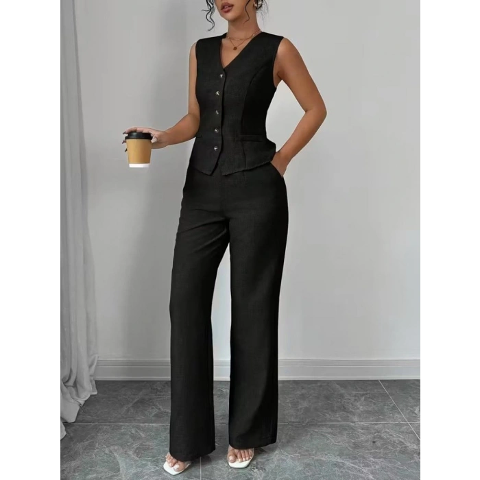 Kadın Askılı önden Düğmeli Bluz Ve Pantolon Keten Ikili Takım