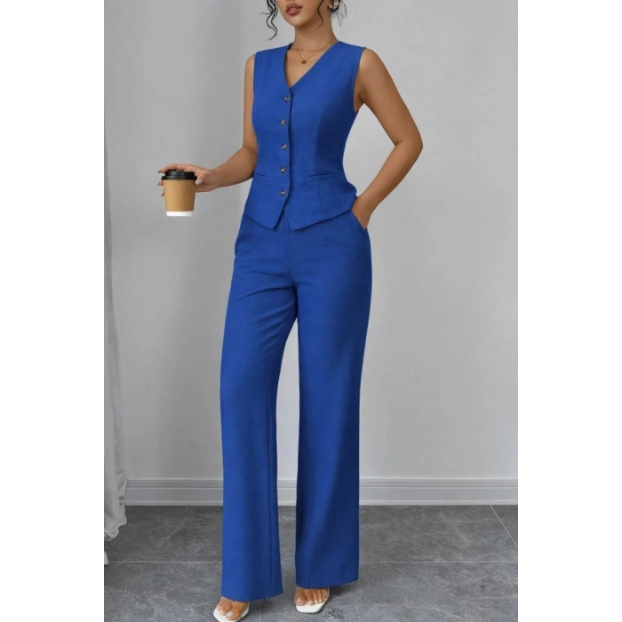 Kadın Askılı önden Düğmeli Bluz Ve Pantolon Keten Ikili Takım