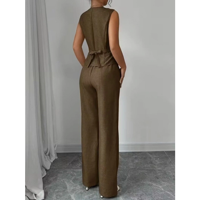 Kadın Askılı önden Düğmeli Bluz Ve Pantolon Keten Ikili Takım