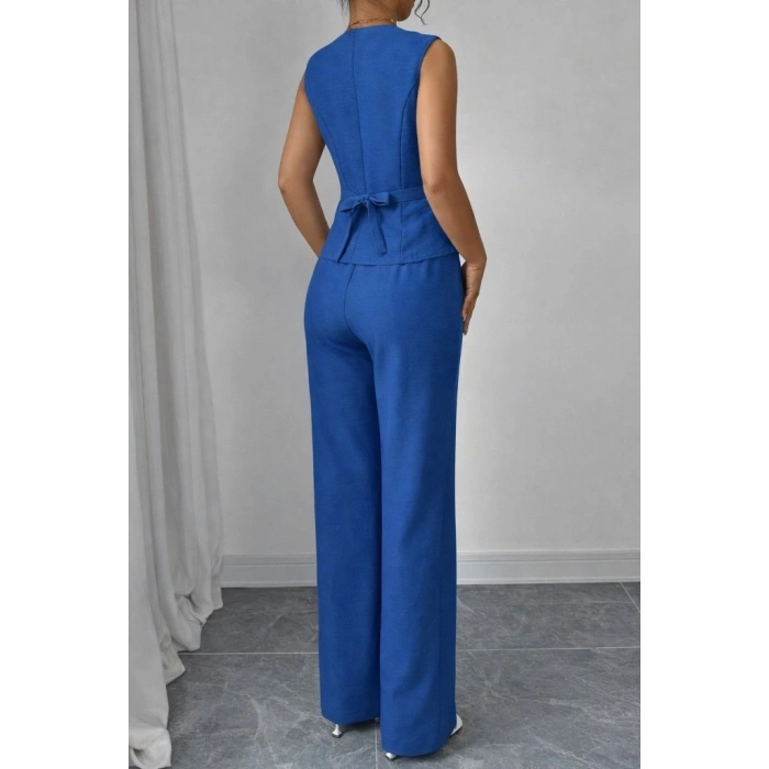 Kadın Askılı önden Düğmeli Bluz Ve Pantolon Keten Ikili Takım