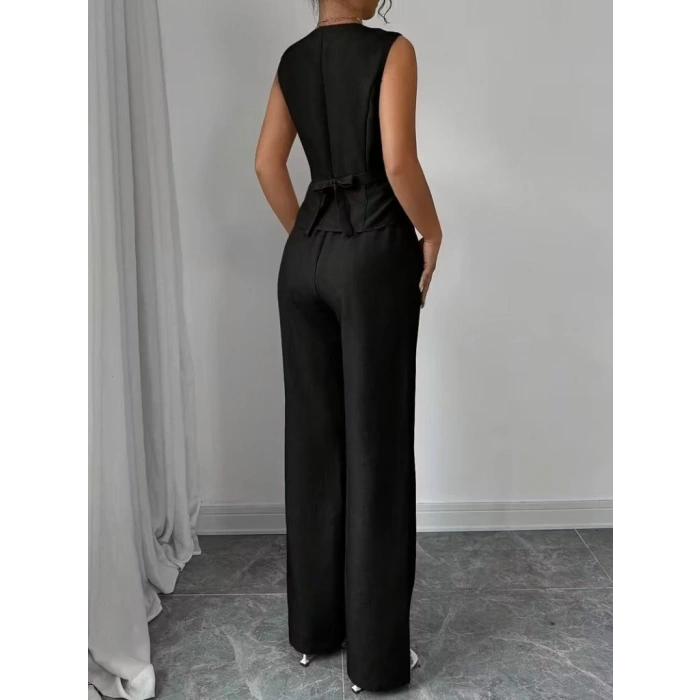 Kadın Askılı önden Düğmeli Bluz Ve Pantolon Keten Ikili Takım