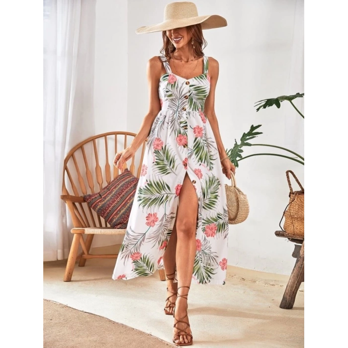 Kadın Askılı önden Düğmeli Yaprak Desenli Uzun Süprem Elbise