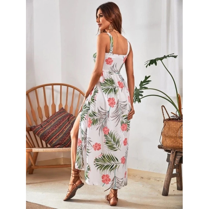 Kadın Askılı önden Düğmeli Yaprak Desenli Uzun Süprem Elbise