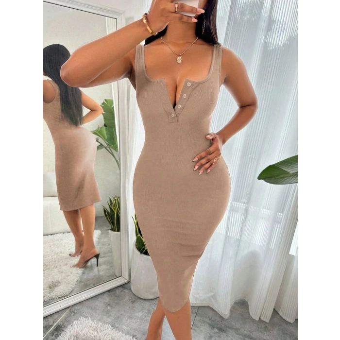 Kadın Askılı önü Düğmeli Midi Kaşkorse Elbise