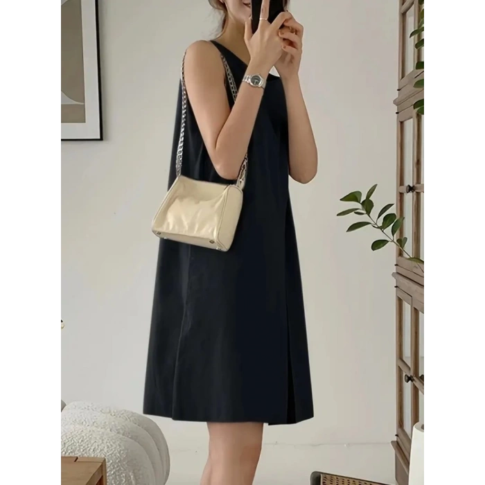 Kadın Askılı Sıfır Kol A Kesim Detaylı Ithal Krep Elbise