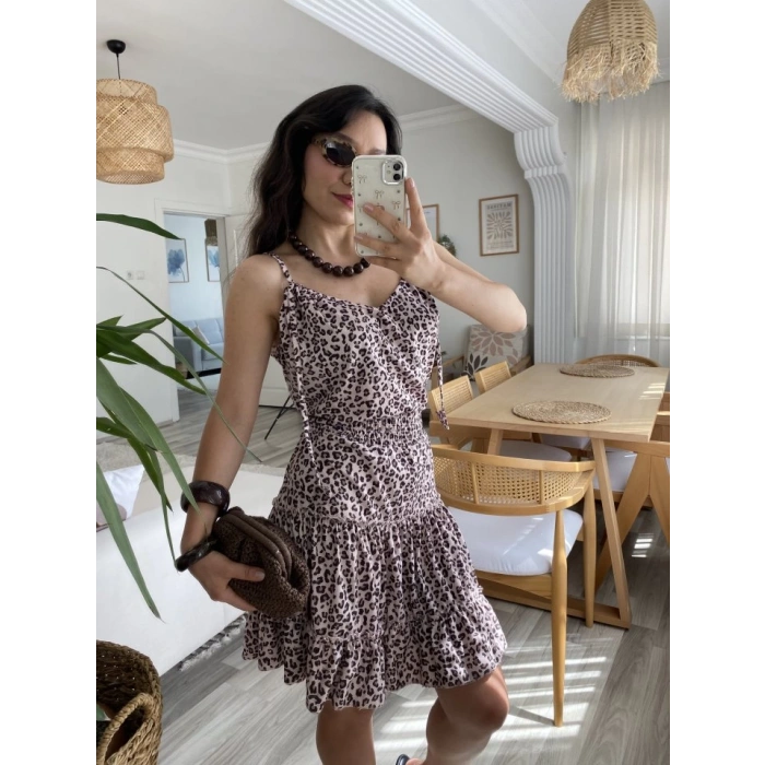 Kadın Askılı V Yaka Beli Pileli Leopar Desen Eteği Fırfırlı Süprem Elbise