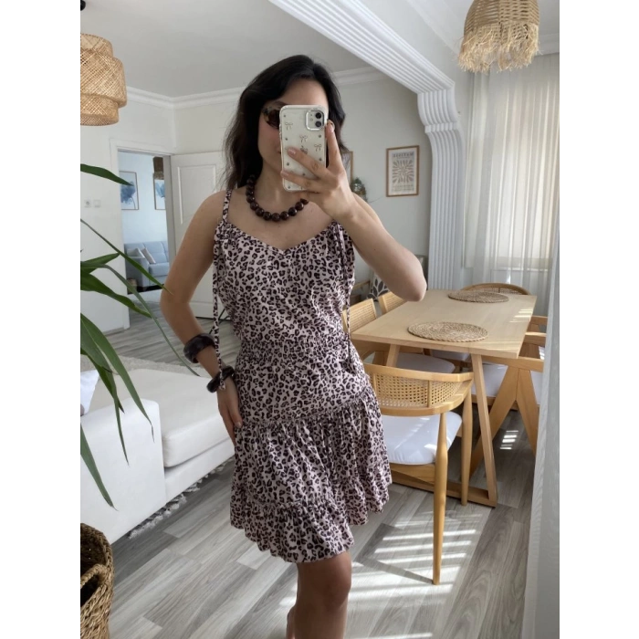 Kadın Askılı V Yaka Beli Pileli Leopar Desen Eteği Fırfırlı Süprem Elbise