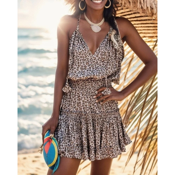 Kadın Askılı V Yaka Beli Pileli Leopar Desen Eteği Fırfırlı Süprem Elbise