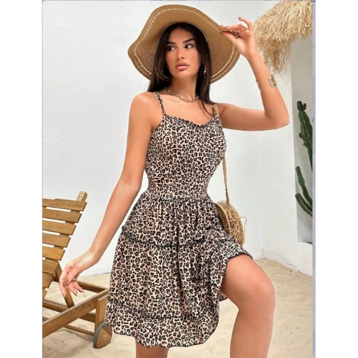 Kadın Askılı V Yaka Beli Pileli Leopar Desen Eteği Fırfırlı Süprem Elbise