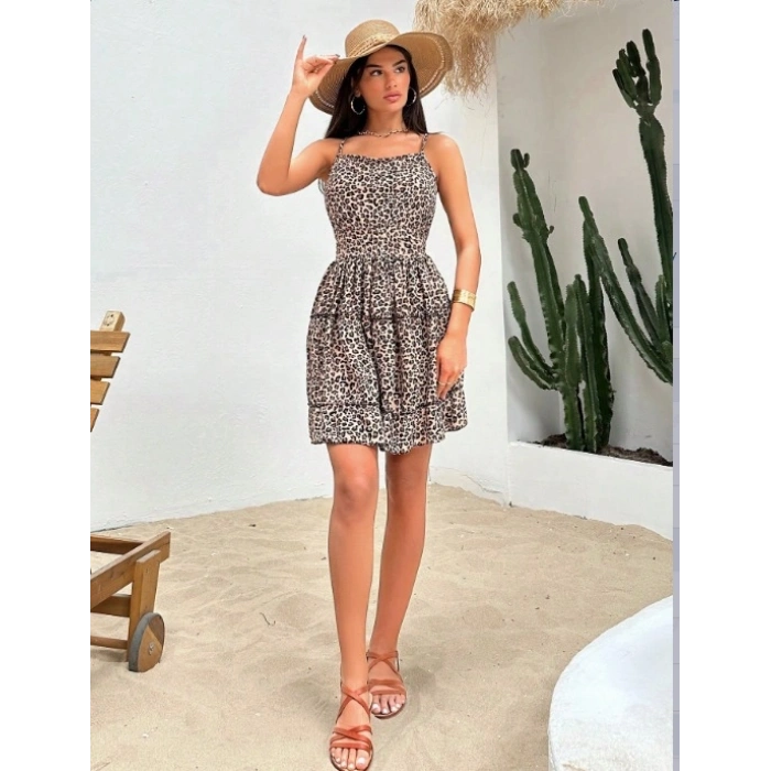 Kadın Askılı V Yaka Beli Pileli Leopar Desen Eteği Fırfırlı Süprem Elbise