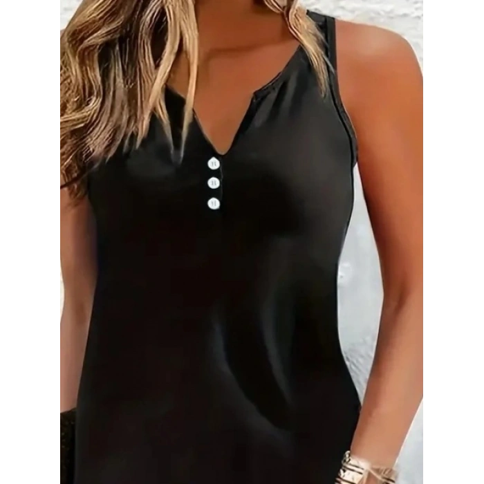 Kadın Askılı V Yaka Düğme Detay Pamuklu Viskon Elbise