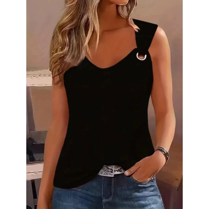 Kadın Askılı V Yaka Kuş Gözü Detaylı Viskon Bluz