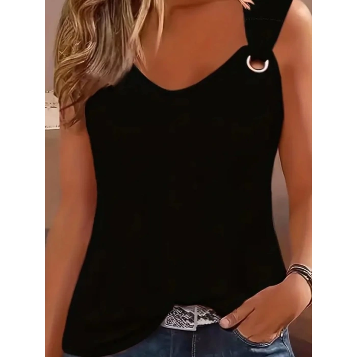 Kadın Askılı V Yaka Kuş Gözü Detaylı Viskon Bluz