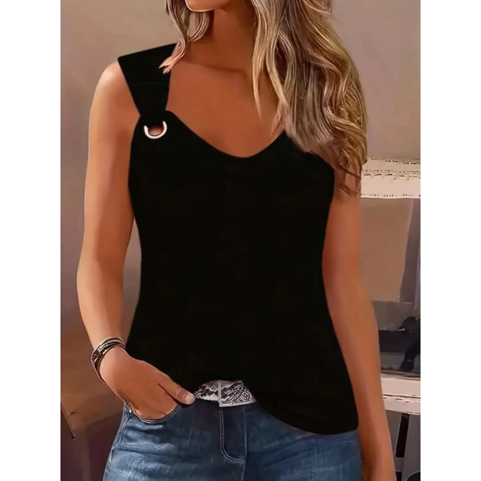 Kadın Askılı V Yaka Kuş Gözü Detaylı Viskon Bluz