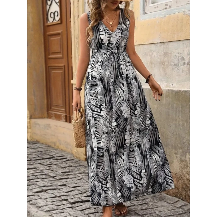 Kadın Askılı V Yakalı Belden Bağcıklı Geniş Kesim Desenli Süprem Elbise